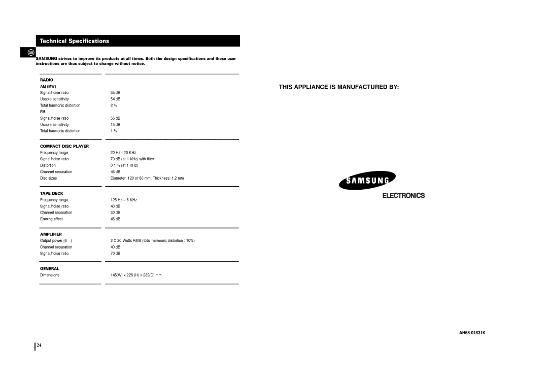 Samsung MM-T6 instruction manual This Appliance is Manufactured by, Technical Specifications 