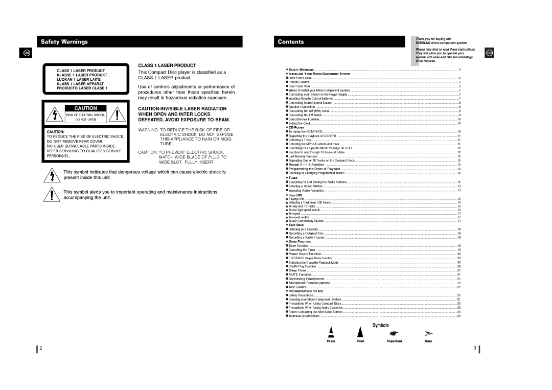 Samsung MM-T6 instruction manual Contents 