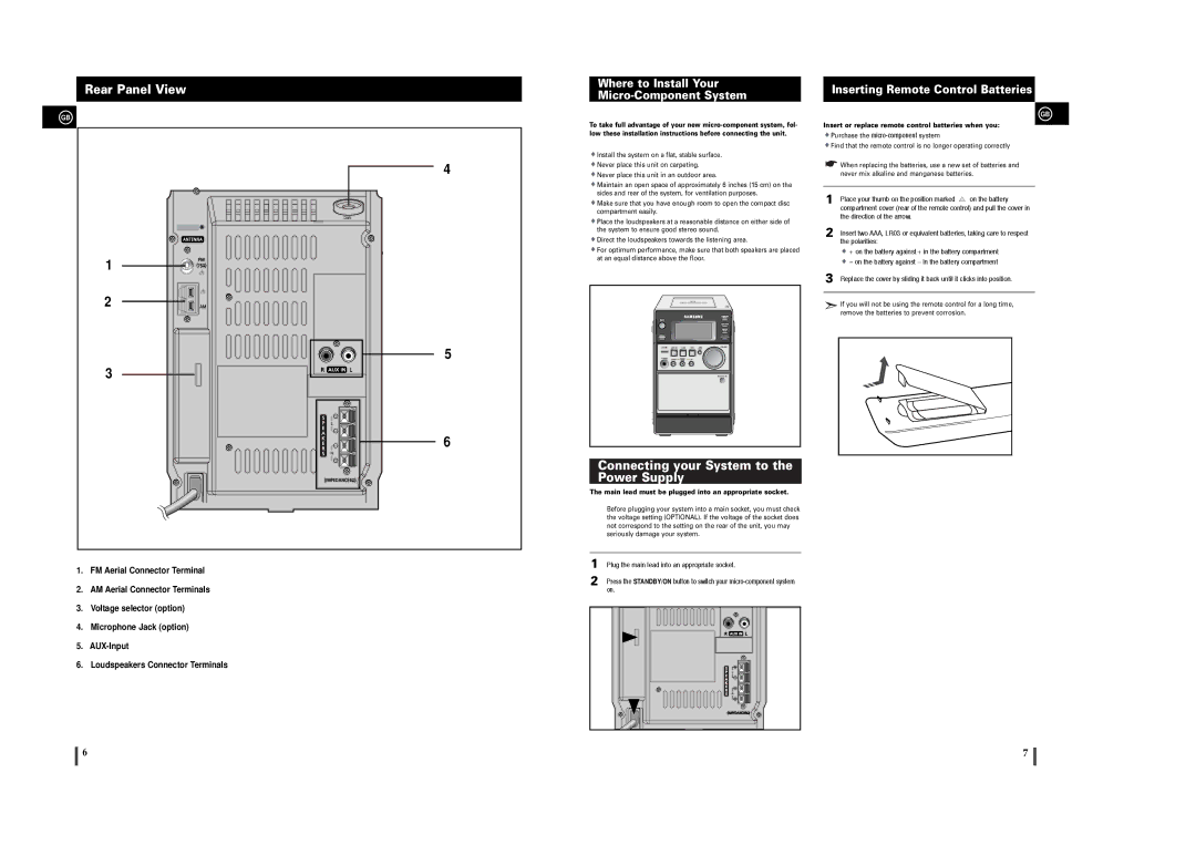 Samsung MM-T6 Rear Panel View, Connecting your System to the Power Supply, Where to Install Your Micro-Component System 