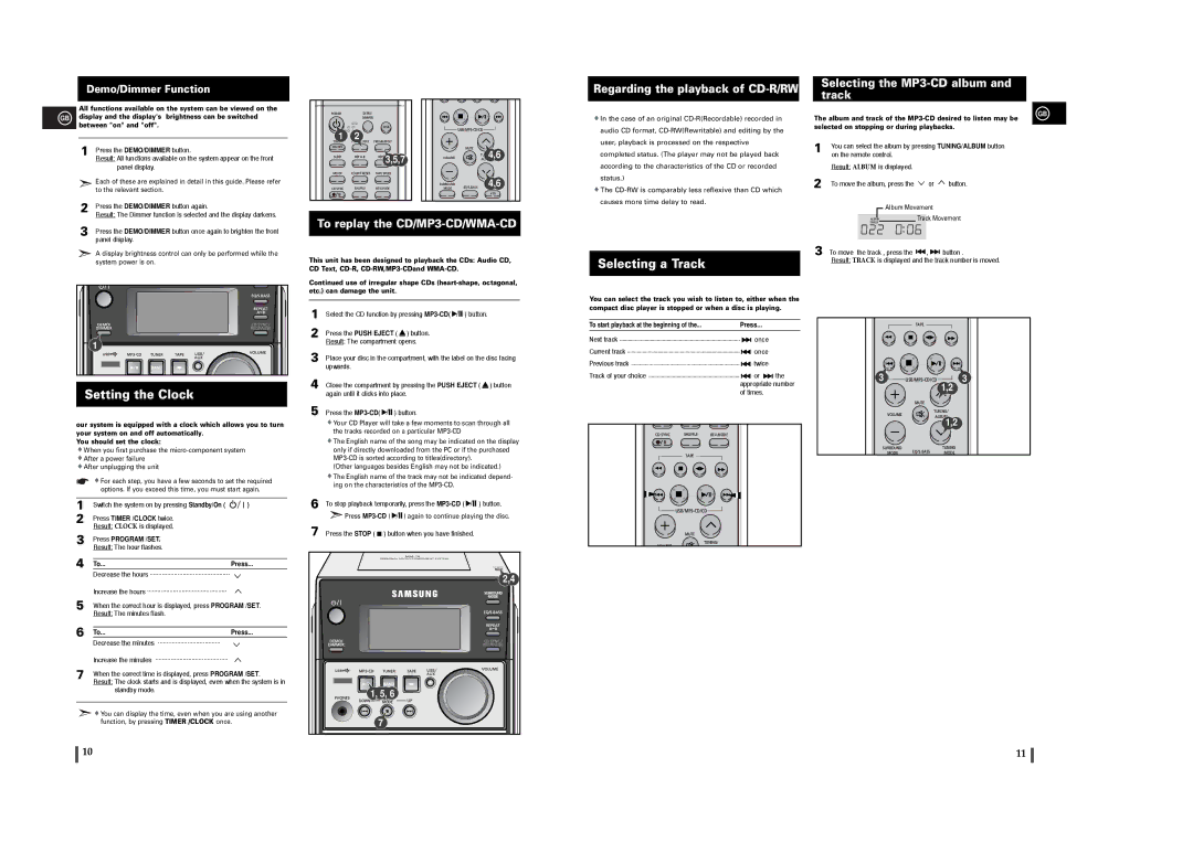 Samsung MM-T6 Setting the Clock, Selecting a Track, Regarding the playback of CD-R/RW, To replay the CD/MP3-CD/WMA-CD 