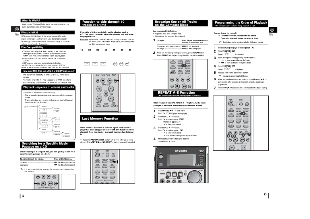 Samsung MM-T6 instruction manual Repeat A-B Function, Last Memory Function 