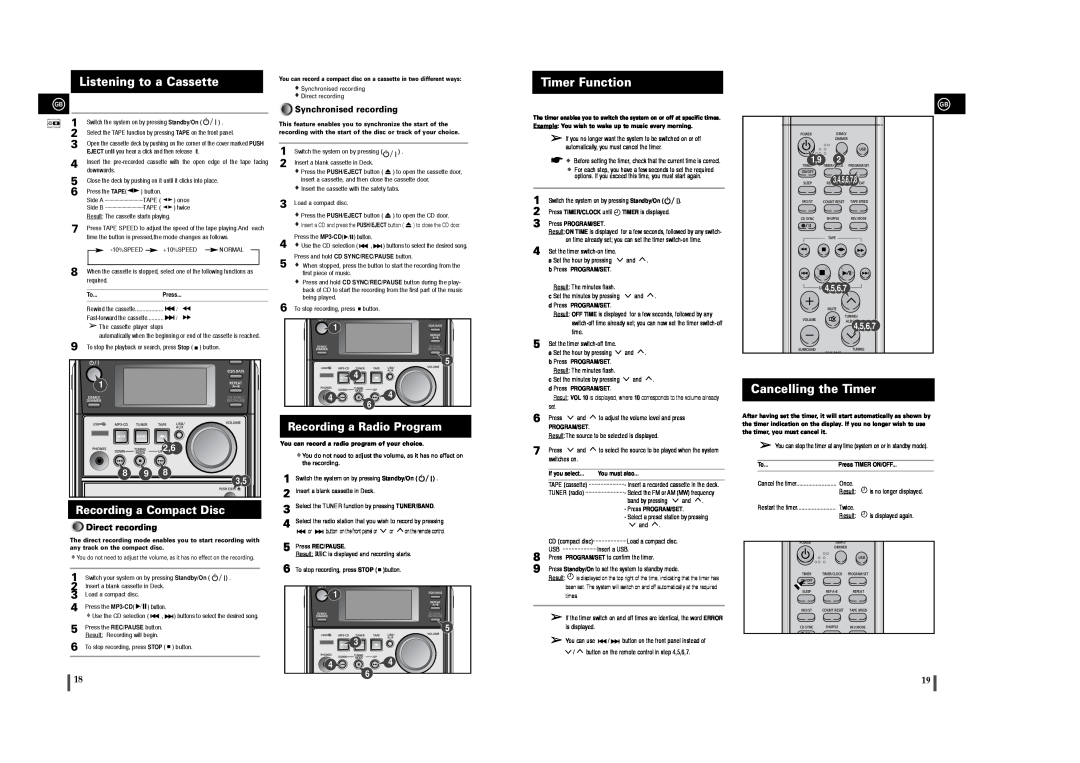 Samsung MM-T6 instruction manual Listening to a Cassette, Timer Function, Cancelling the Timer, Recording a Compact Disc 