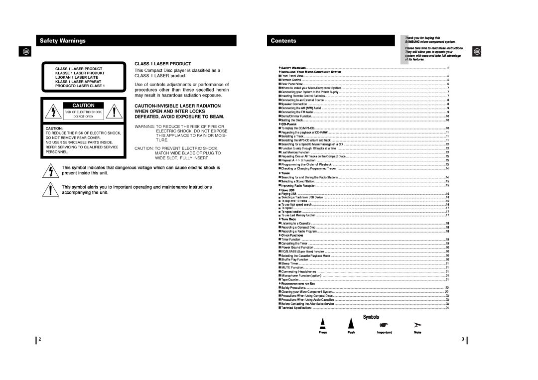 Samsung MM-T6 instruction manual Safety Warnings, Contents, CLASS 1 LASER PRODUCT 