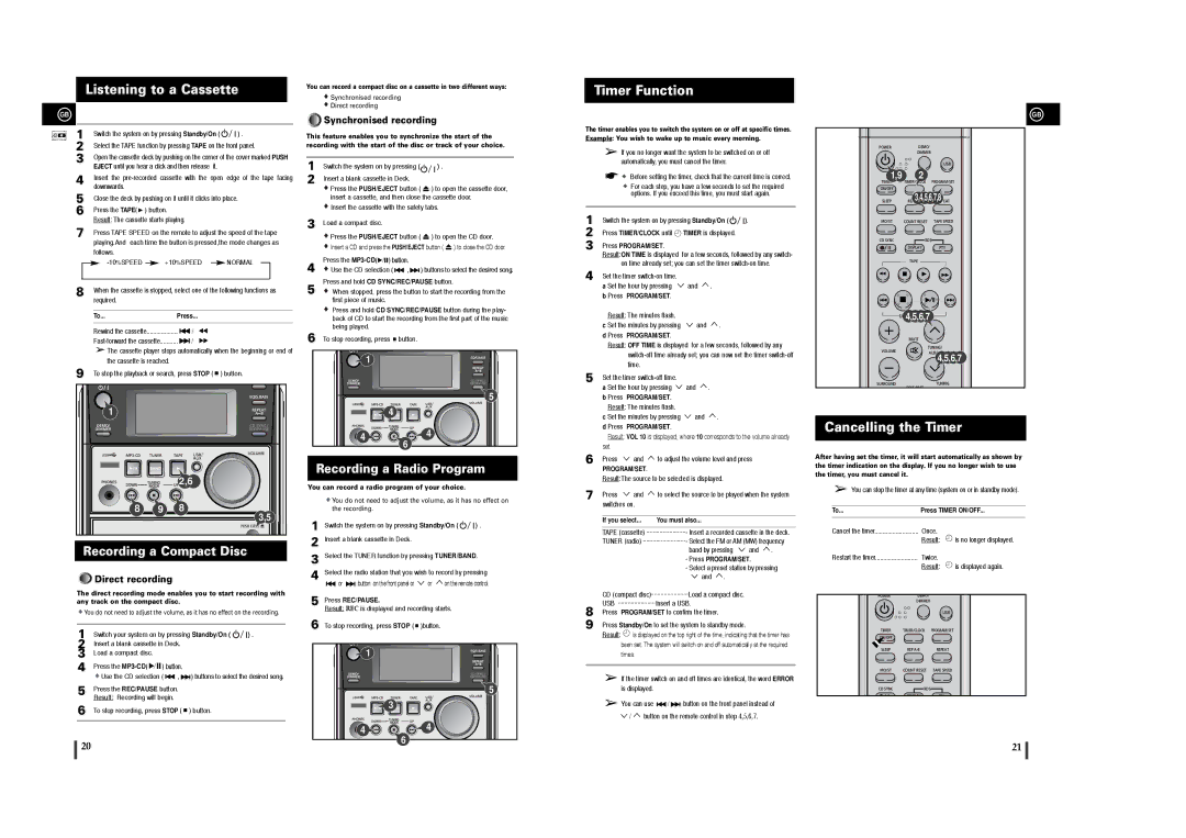 Samsung MM-T6R/ELS manual Listening to a Cassette, Timer Function, Cancelling the Timer, Recording a Compact Disc 