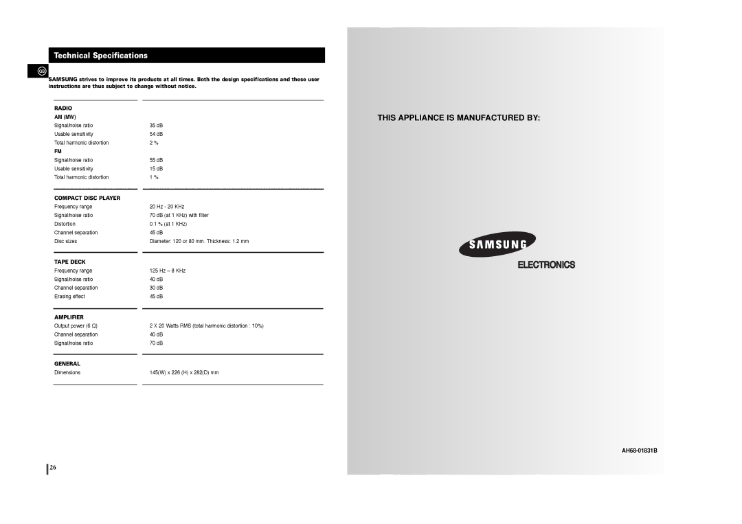 Samsung MM-T6R/ELS manual This Appliance is Manufactured by, Technical Specifications 