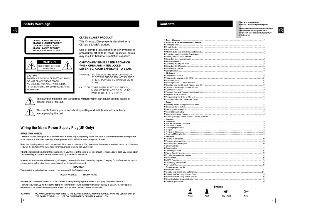 Samsung MM-T6R/ELS manual Wiring the Mains Power Supply PlugUK Only 