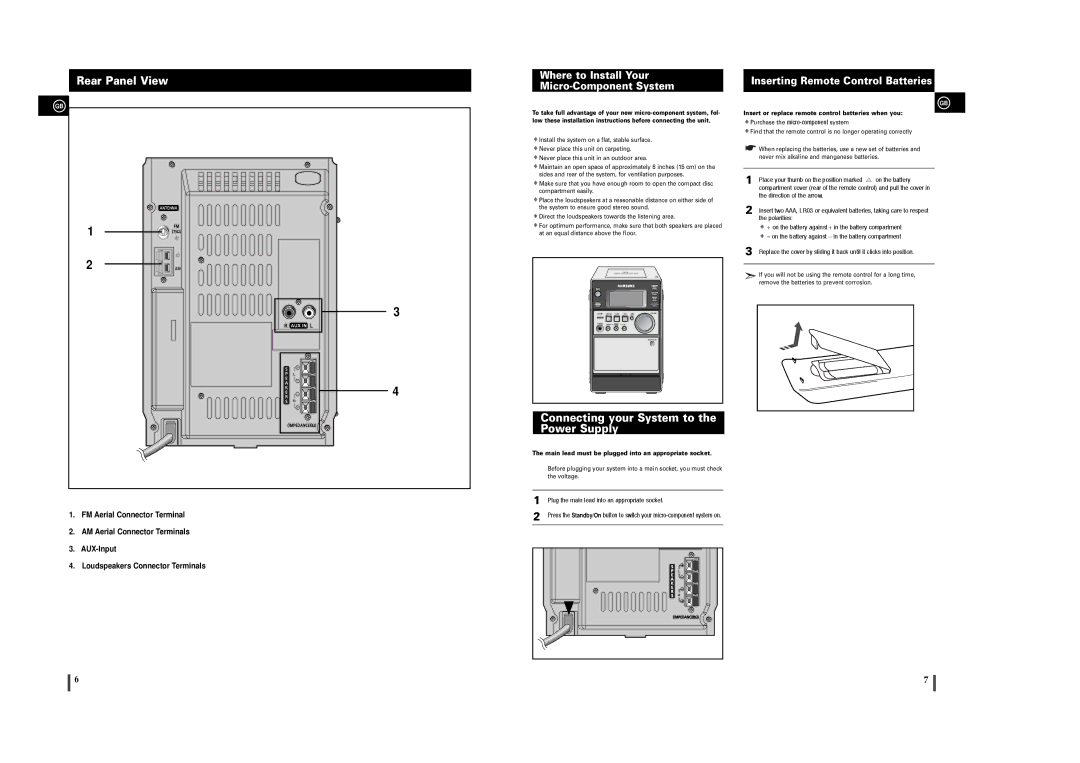 Samsung MM-T6R/ELS manual Rear Panel View, Connecting your System to the Power Supply, Inserting Remote Control Batteries 