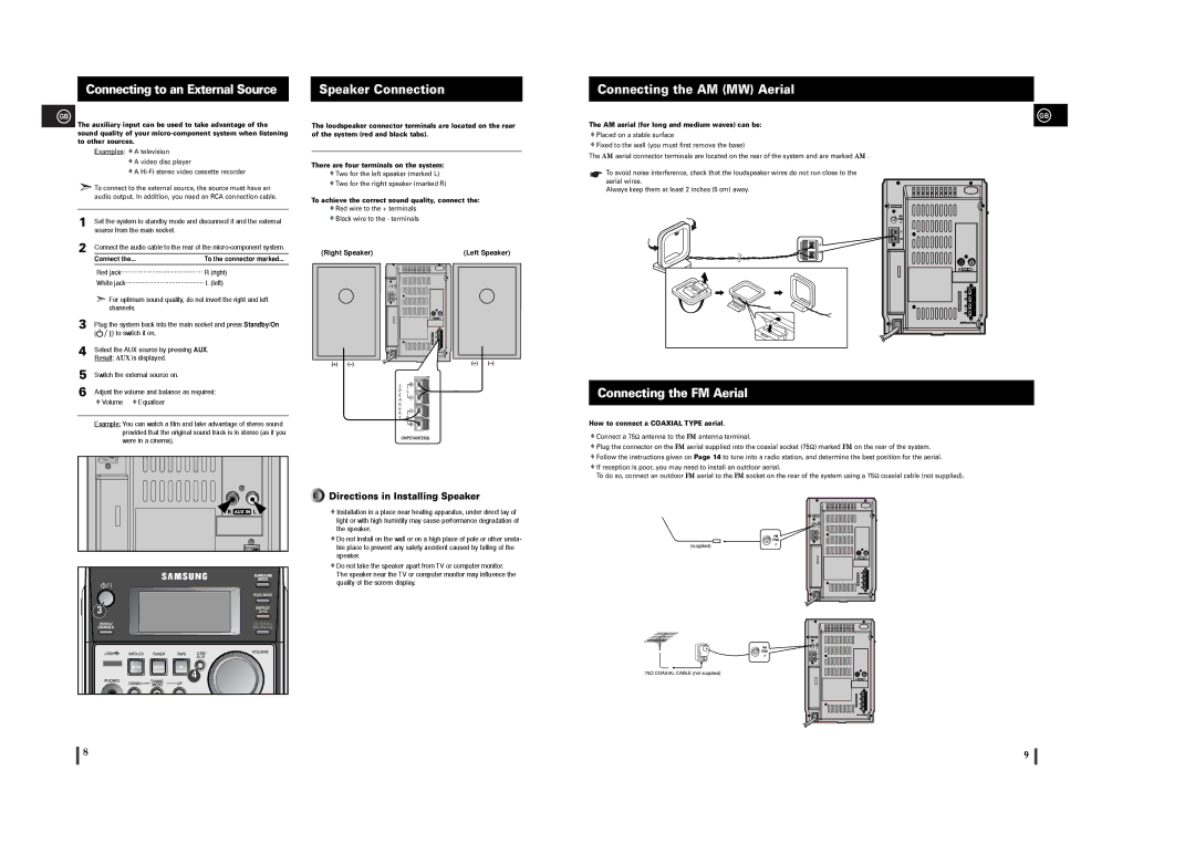 Samsung MM-T6R/ELS manual Connecting to an External Source, Speaker Connection, Connecting the AM MW Aerial 