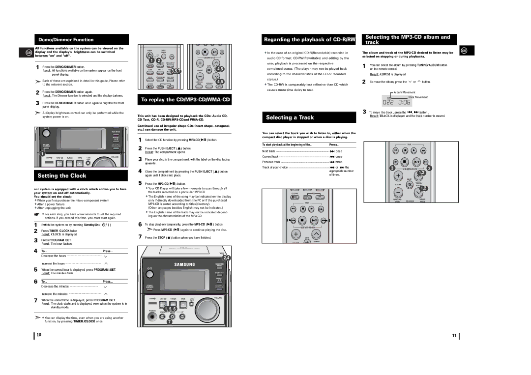 Samsung MM-T6R/ELS Setting the Clock, Selecting a Track, Regarding the playback of CD-R/RW, To replay the CD/MP3-CD/WMA-CD 