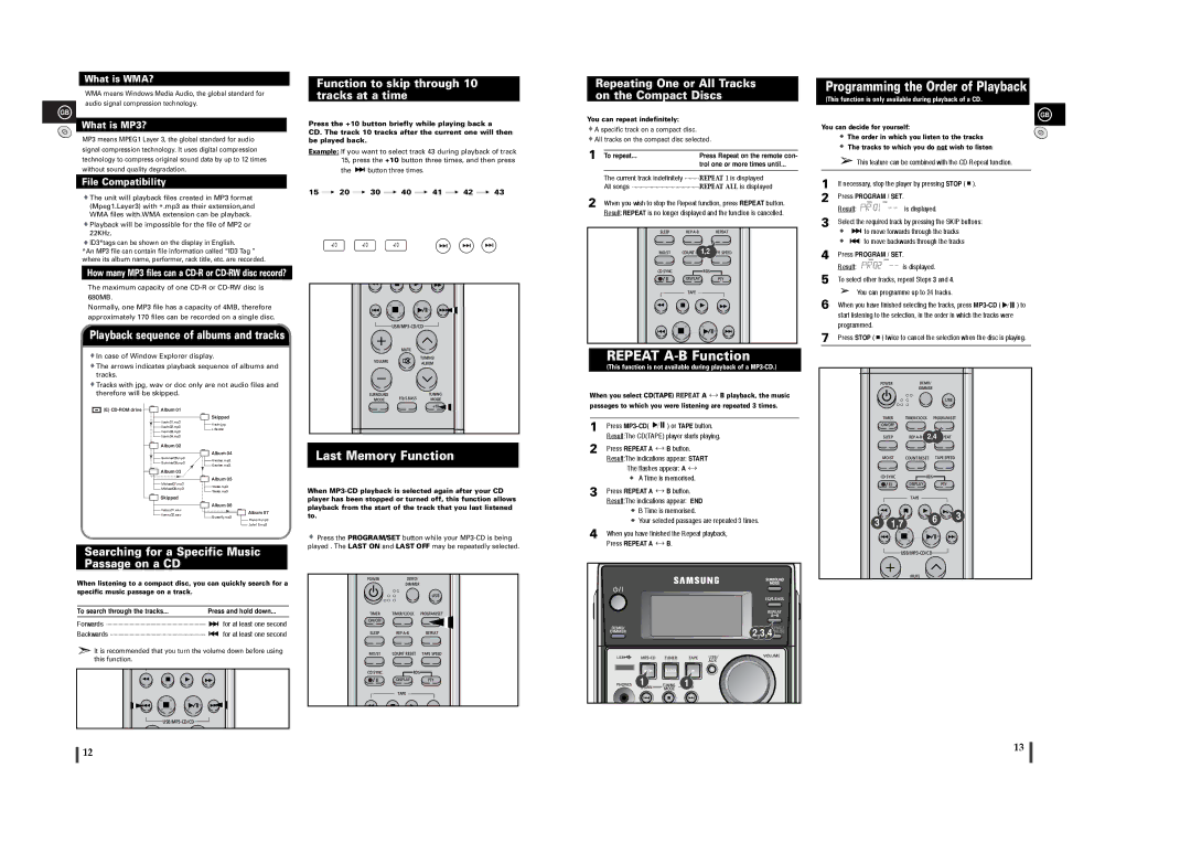 Samsung MM-T6R/ELS manual Repeat A-B Function, Last Memory Function 