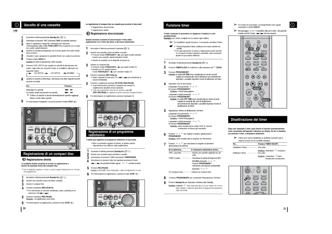 Samsung MM-T6R/ELS Ascolto di una cassetta, Registrazione di un compact disc, Funzione timer, Disattivazione del timer 