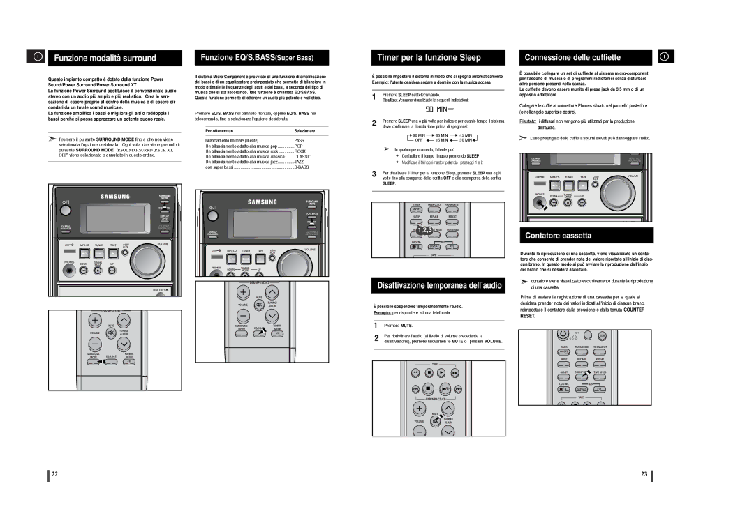 Samsung MM-T6R/ELS manual Funzione EQ/S.BASSSuper Bass, Connessione delle cuffiette, Disattivazione temporanea dell’audio 