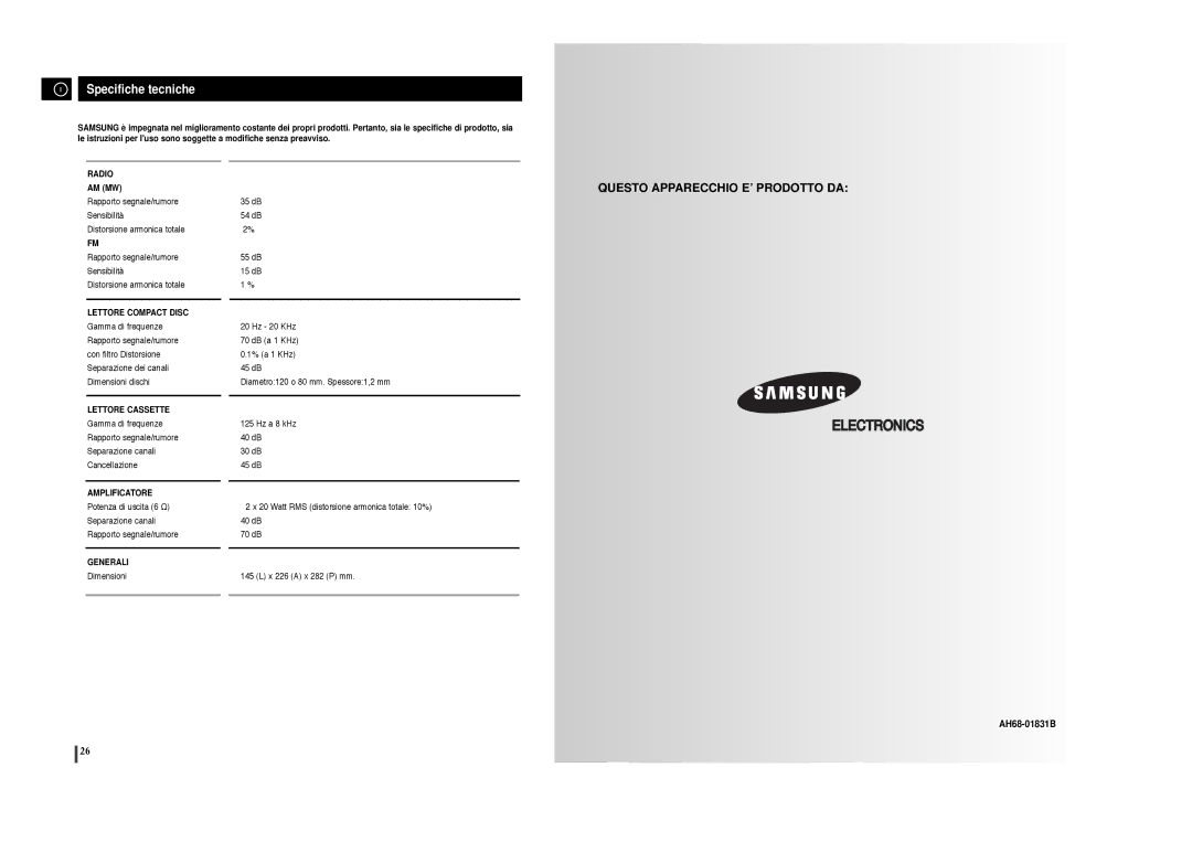 Samsung MM-T6R/ELS manual Specifiche tecniche, Lettore Compact Disc 