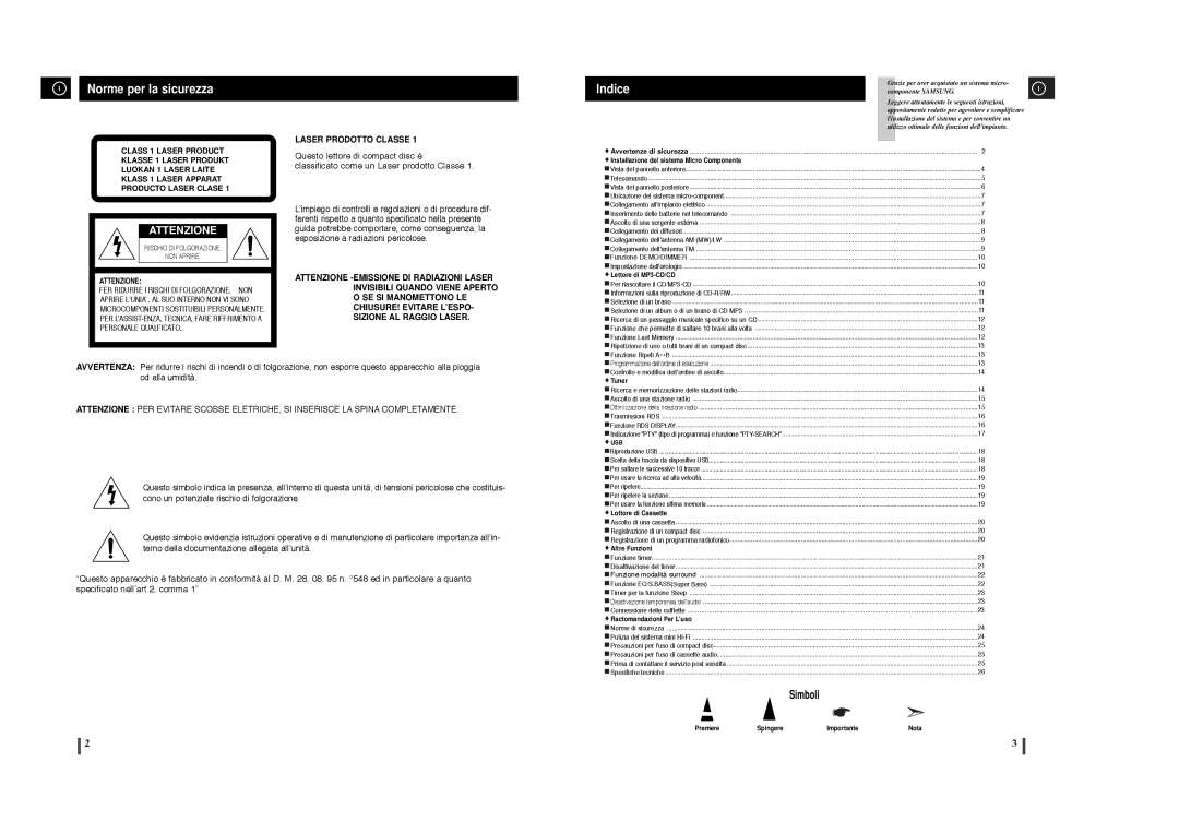 Samsung MM-T6R/ELS manual Norme per la sicurezza, Attenzione 