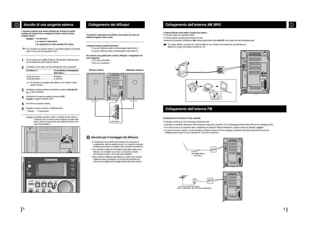 Samsung MM-T6R/ELS manual Ascolto di una sorgente esterna, Collegamento dei diffusori, Collegamento dellantenna AM MW 