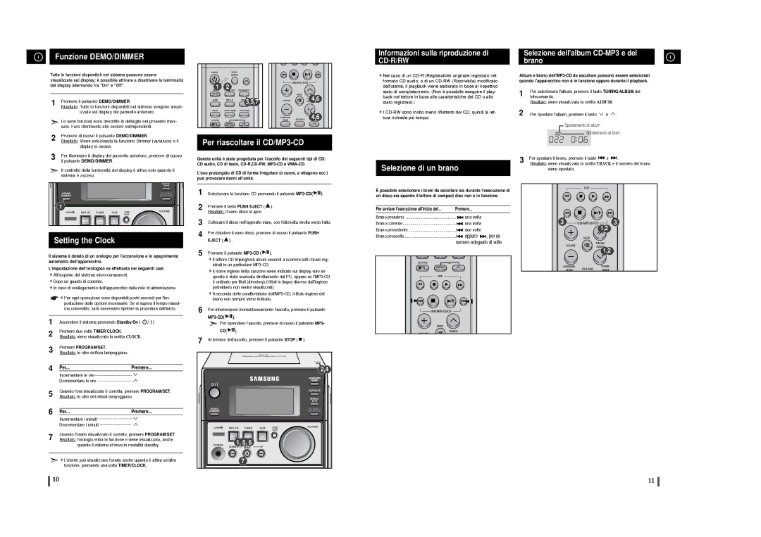 Samsung MM-T6R/ELS manual Funzione DEMO/DIMMER, Setting the Clock, Per riascoltare il CD/MP3-CD, Selezione di un brano 