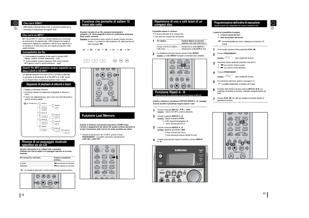 Samsung MM-T6R/ELS manual Funzione Last Memory, Funzione Ripeti A↔ B, Ricerca di un passaggio musicale specifico su un CD 