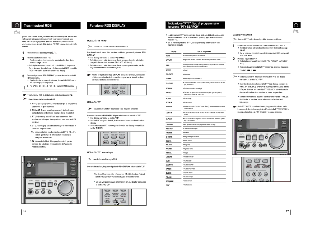 Samsung MM-T6R/ELS manual Trasmissioni RDS, Funzione RDS Display, Indicazione PTY tipo di programma e funzione PTY-SEARCH 