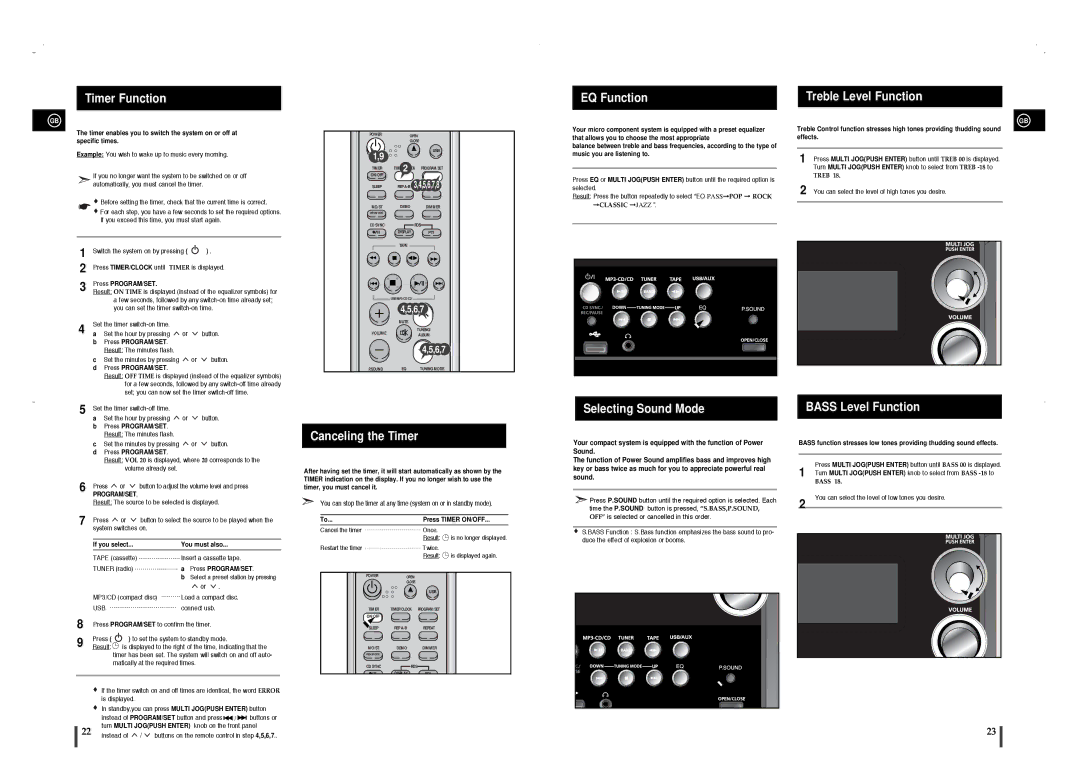 Samsung MM-T8R/ELS manual Timer Function, Canceling the Timer, EQ Function, Selecting Sound Mode, Treble Level Function 