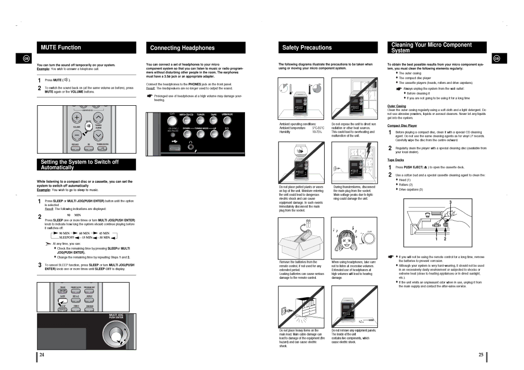 Samsung MM-T8R/ELS manual Mute Function, Connecting Headphones, Safety Precautions, Cleaning Your Micro Component System 