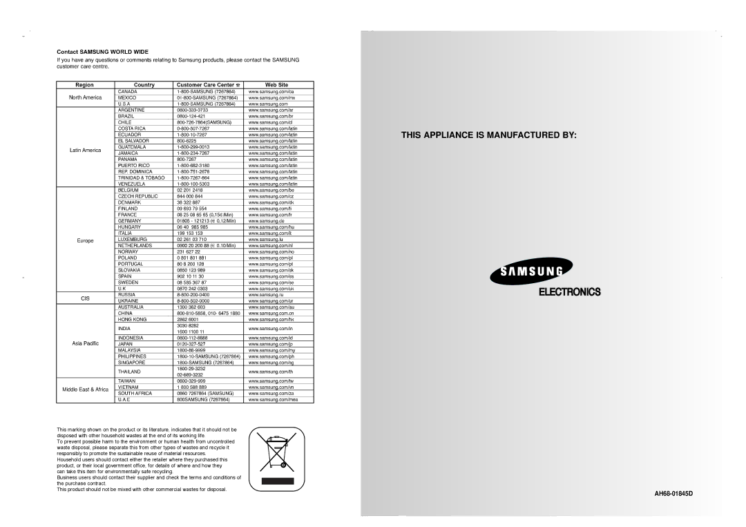 Samsung MM-T8R/ELS manual This Appliance is Manufactured by Electronics 