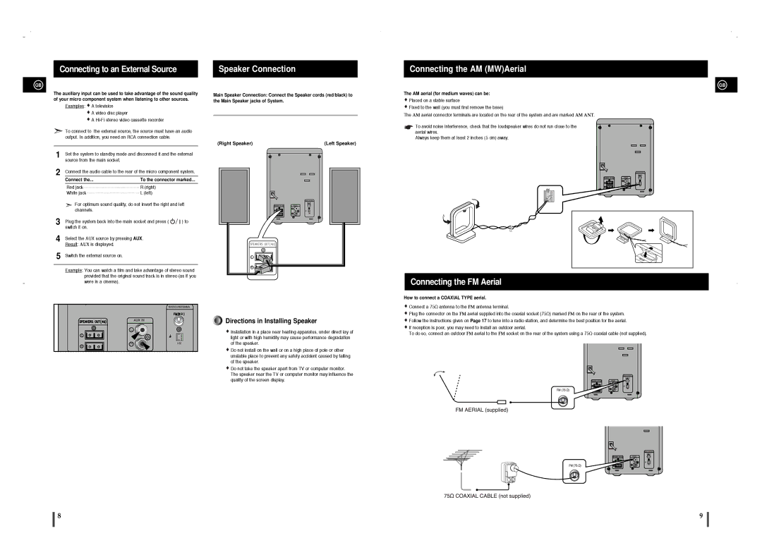 Samsung MM-T8R/ELS manual Connecting to an External Source, Connecting the AM MWAerial, Connecting the FM Aerial 