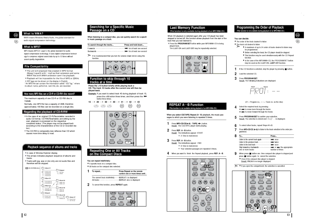 Samsung MM-T8R/ELS manual Last Memory Function, Searching for a Specific Music Passage on a CD, Repeat A↔ B Function 