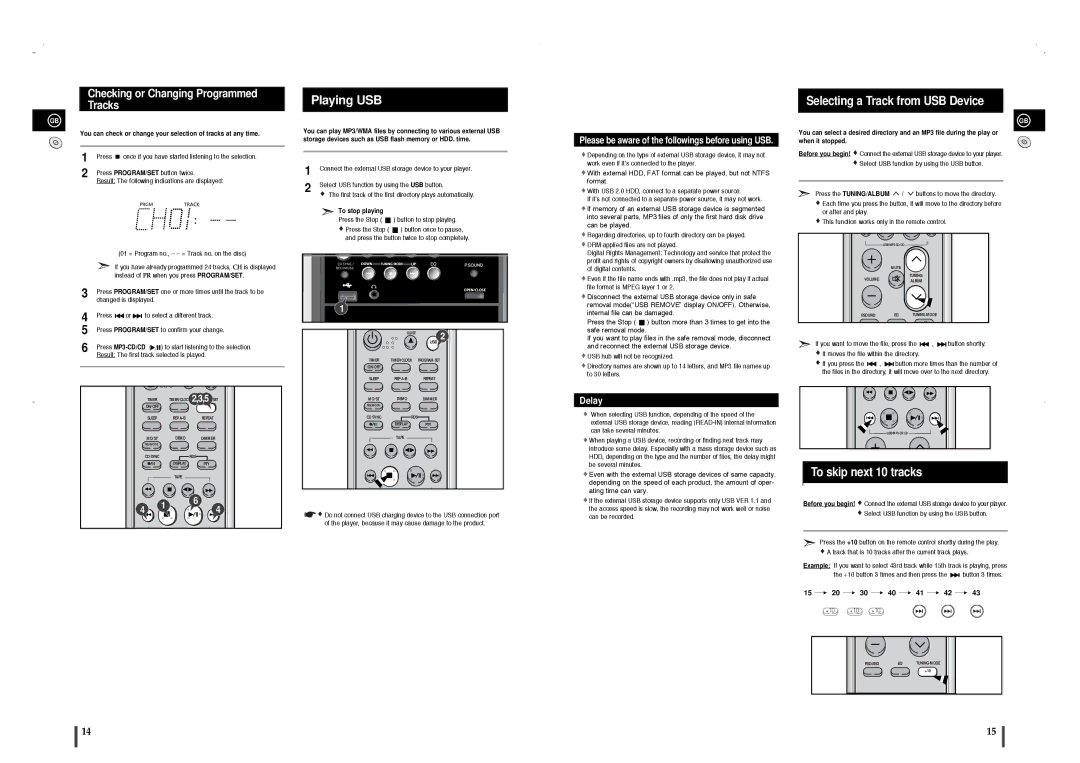 Samsung MM-T8R/ELS manual Selecting a Track from USB Device, To skip next 10 tracks, Checking or Changing Programmed Tracks 