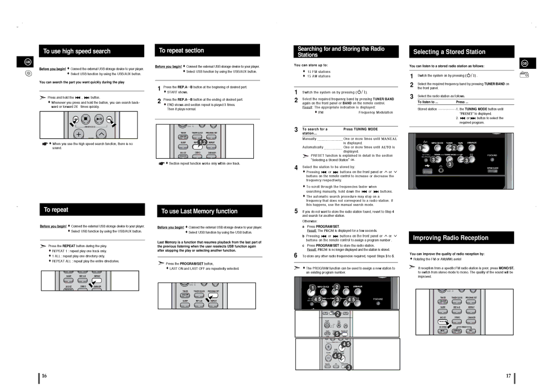 Samsung MM-T8R/ELS manual To use high speed search, Selecting a Stored Station, To repeat, To use Last Memory function 