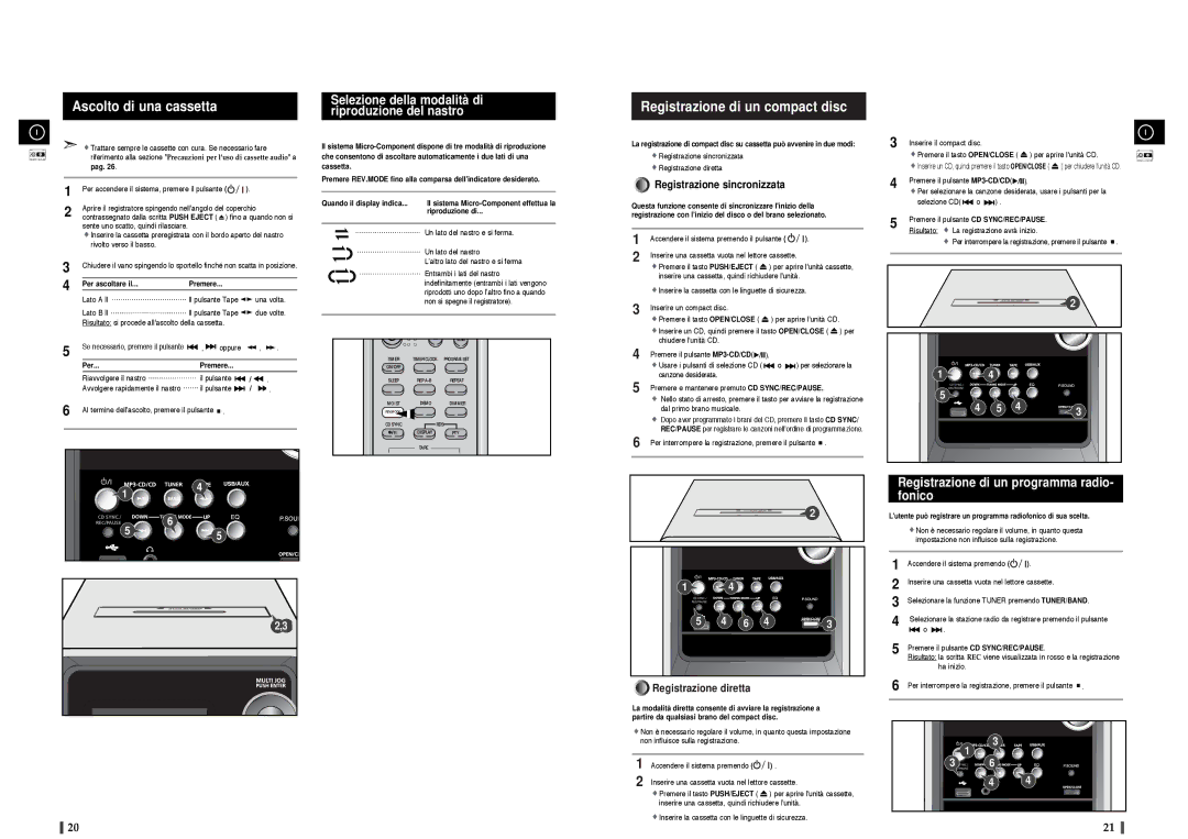 Samsung MM-T8R/ELS Ascolto di una cassetta, Registrazione di un compact disc, Registrazione di un programma radio- fonico 