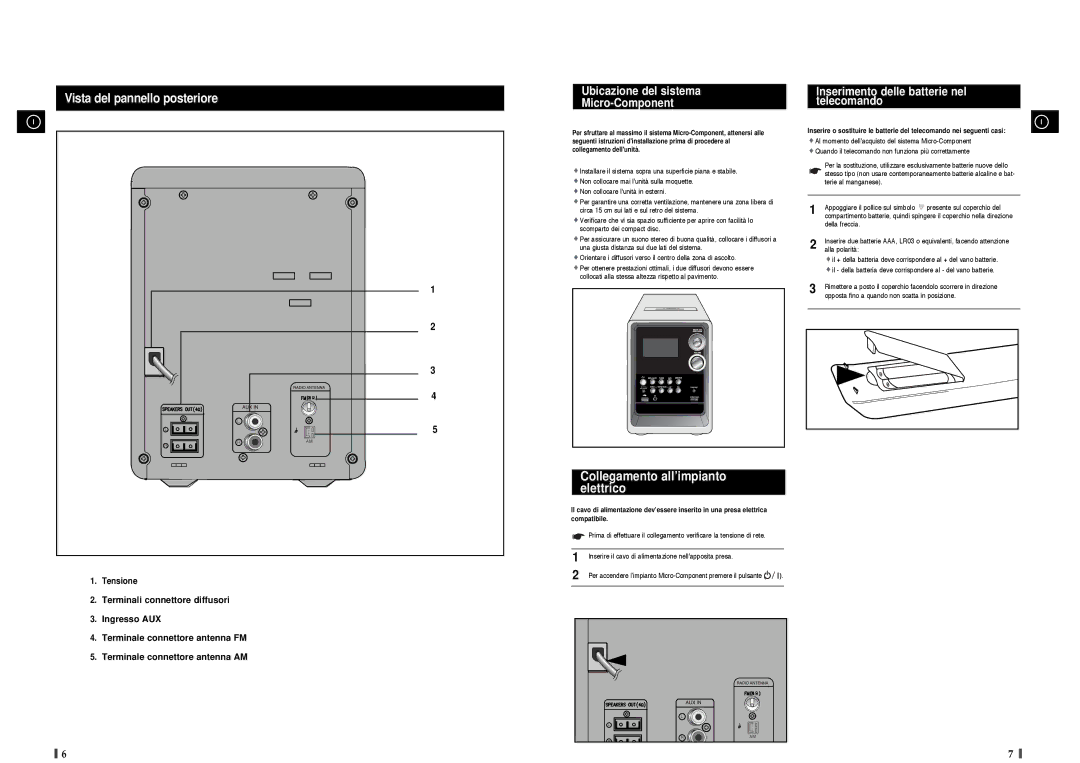 Samsung MM-T8R/ELS manual Vista del pannello posteriore, Collegamento all’impianto Elettrico, Ubicazione del sistema 