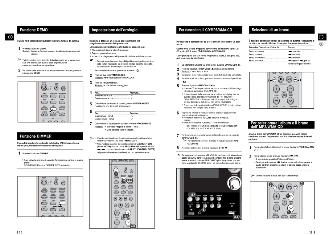 Samsung MM-T8R/ELS manual Funzione Demo, Funzione Dimmer, Impostazione dellorologio, Selezione di un brano 