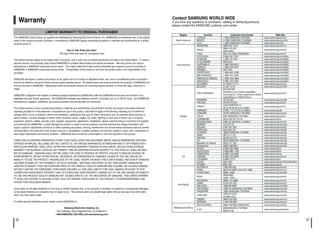 Samsung MM-X5 instruction manual Warranty 