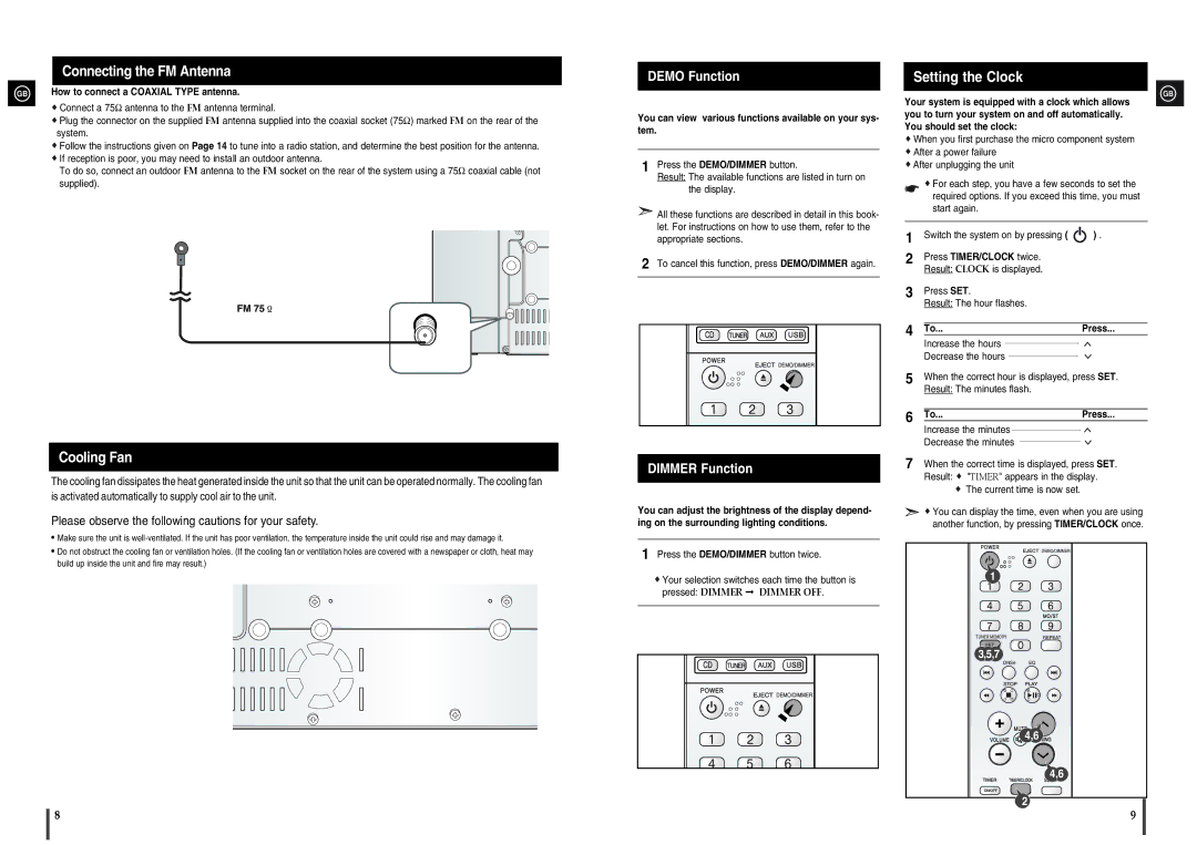 Samsung MM-X5 instruction manual Connecting the FM Antenna, Cooling Fan, Demo Function, Dimmer Function, Setting the Clock 