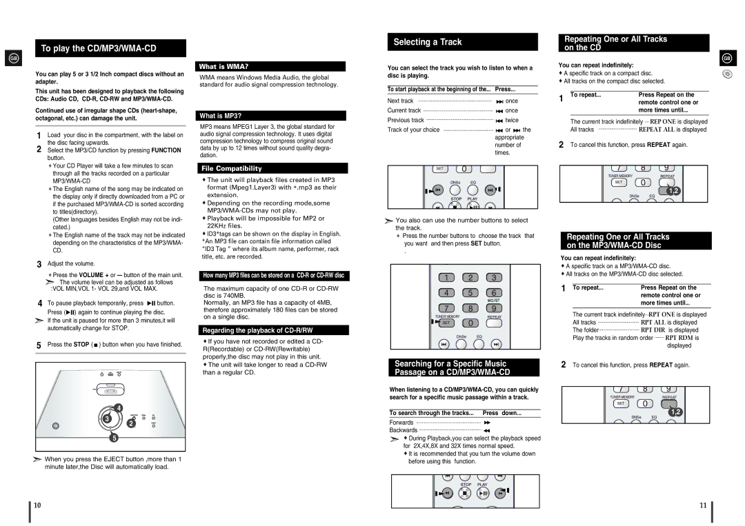 Samsung MM-X5 To play the CD/MP3/WMA-CD, Selecting a Track, Searching for a Specific Music Passage on a CD/MP3/WMA-CD 