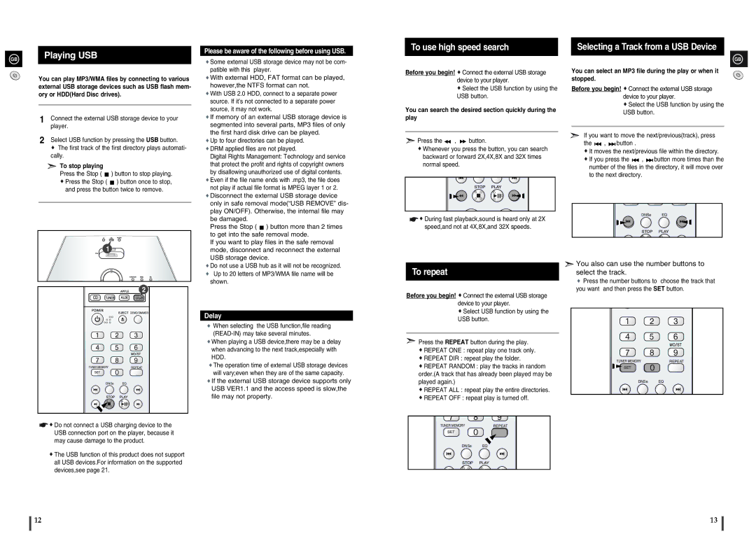 Samsung MM-X5 instruction manual To use high speed search, Selecting a Track from a USB Device, To repeat, To stop playing 