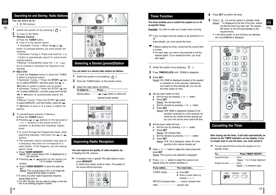 Samsung MM-X5 Searching for and Storing Radio Stations, Selecting a Stored presetStation, Improving Radio Reception 