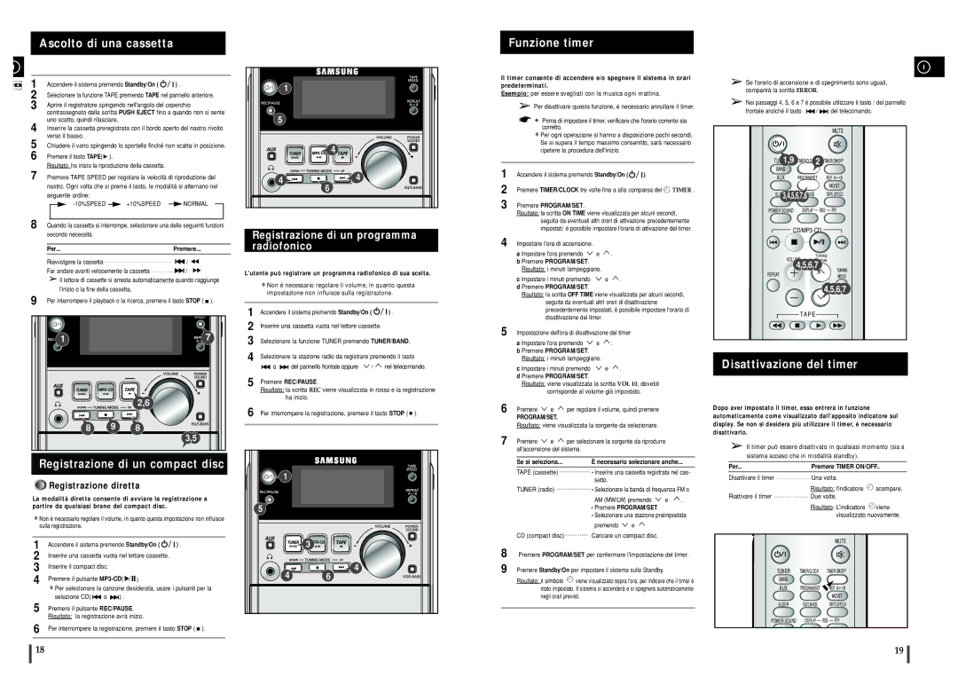 Samsung MM-ZJ5R/ELS Ascolto di una cassetta, Registrazione di un compact disc, Registrazione di un programma radiofonico 