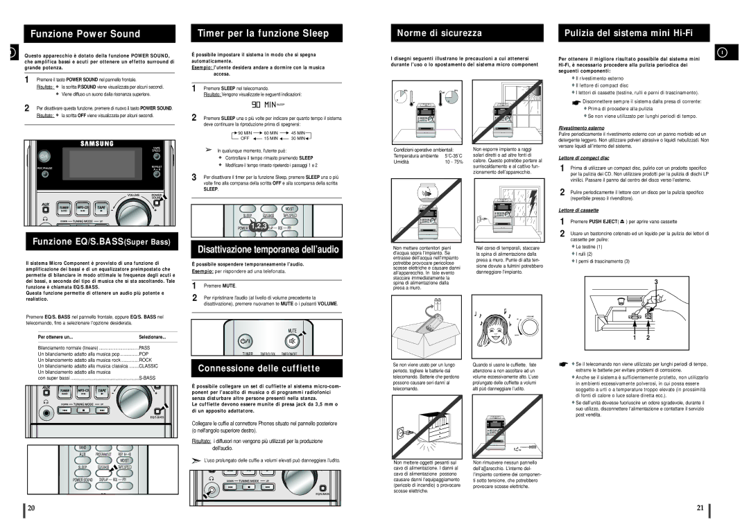 Samsung MM-ZJ5R manual Norme di sicurezza Pulizia del sistema mini Hi-Fi, Funzione EQ/S.BASSSuper Bass, Premere Push Eject 
