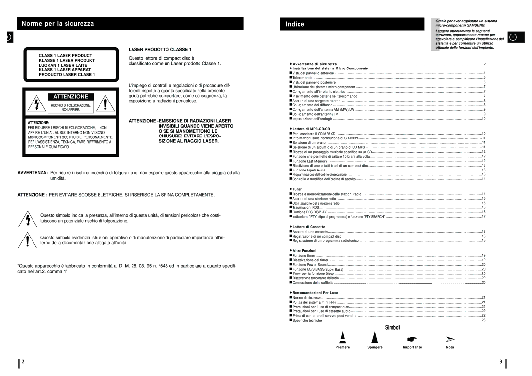 Samsung MM-ZJ5R/ELS manual Norme per la sicurezza 