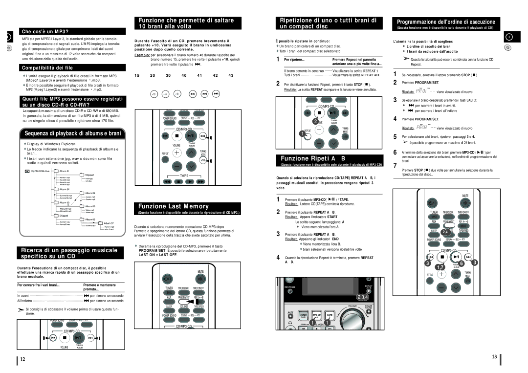 Samsung MM-ZJ5R Funzione che permette di saltare 10 brani alla volta, Ripetizione di uno o tutti brani di un compact disc 
