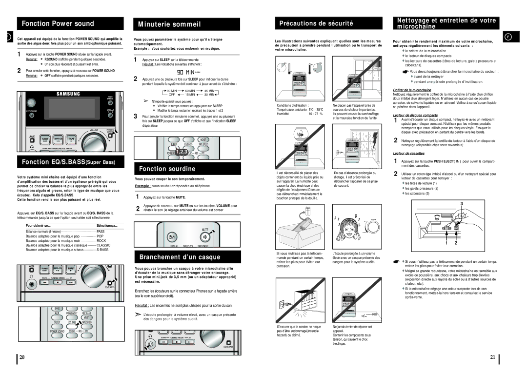 Samsung MM-ZJ5R/ELS Précautions de sécurité, Nettoyage et entretien de votre microchaîne, Fonction EQ/S.BASSSuper Bass 