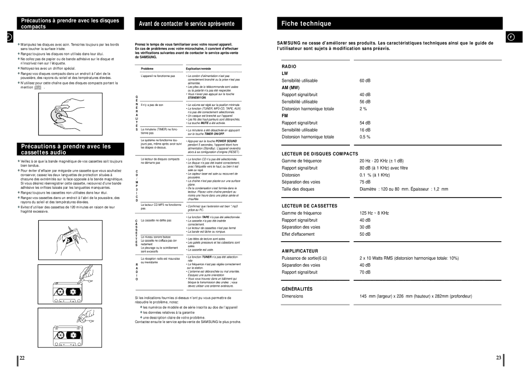 Samsung MM-ZJ5R/ELS manual Fiche technique, Précautions à prendre avec les cassettes audio, Fragilité excessive 