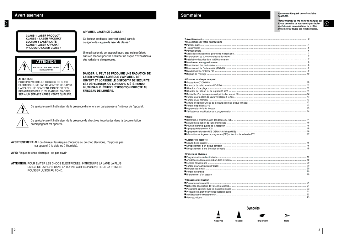 Samsung MM-ZJ5R/ELS manual Avertissement 