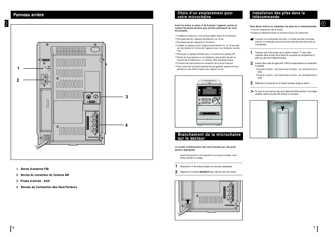 Samsung MM-ZJ5R/ELS manual Choix d’un emplacement pour votre microchaîne, Branchement de la microchaîne sur le secteur 