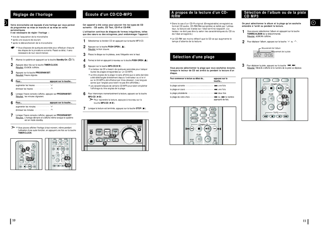 Samsung MM-ZJ5R/ELS manual Sélection dune plage, Pour Appuyez sur la touche, MP3-CD, Touche 