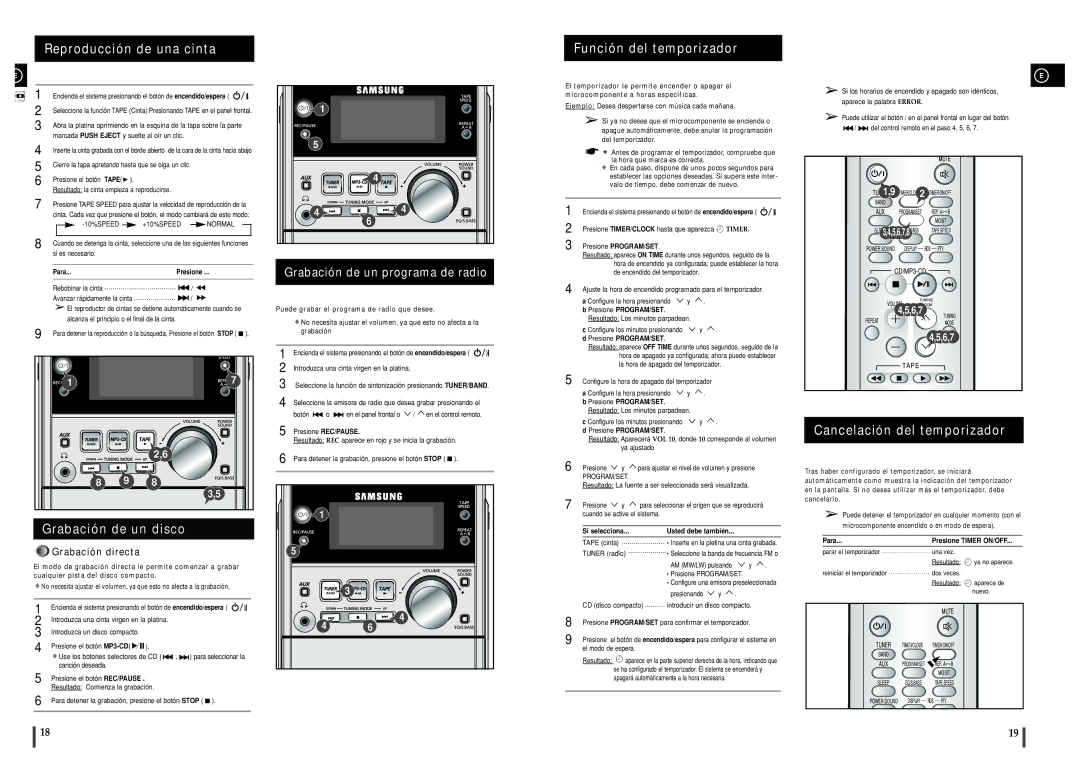 Samsung MM-ZJ5R/ELS manual Reproducción de una cinta, Grabación de un disco, Grabación de un programa de radio 