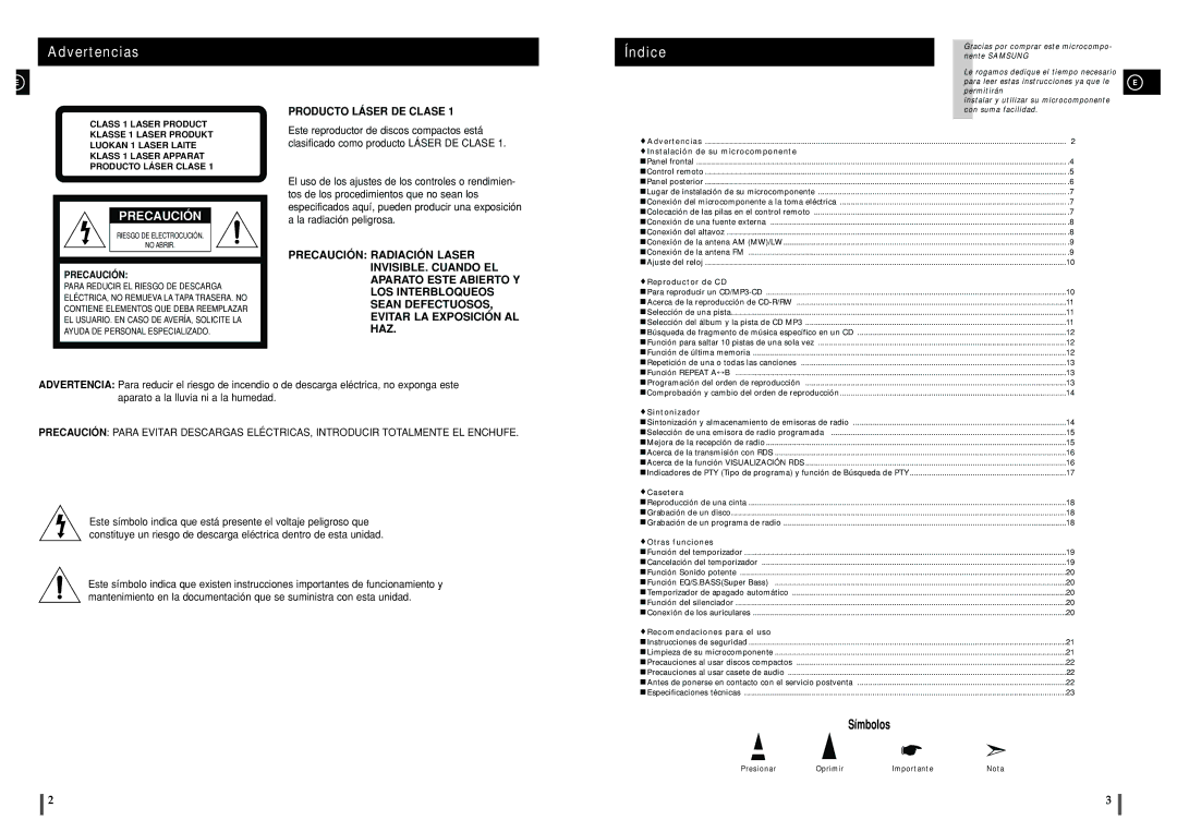 Samsung MM-ZJ5R/ELS manual Advertencias 