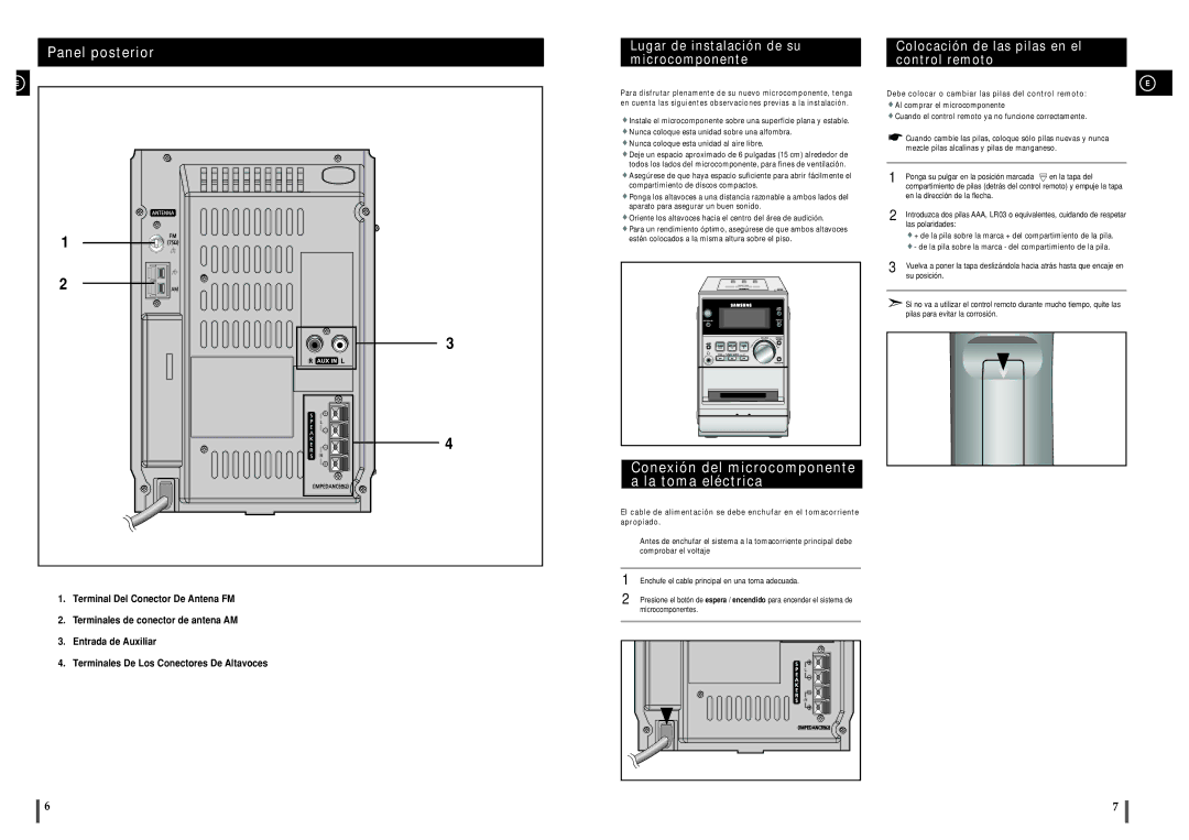 Samsung MM-ZJ5R/ELS manual Panel posterior, Lugar de instalación de su microcomponente 