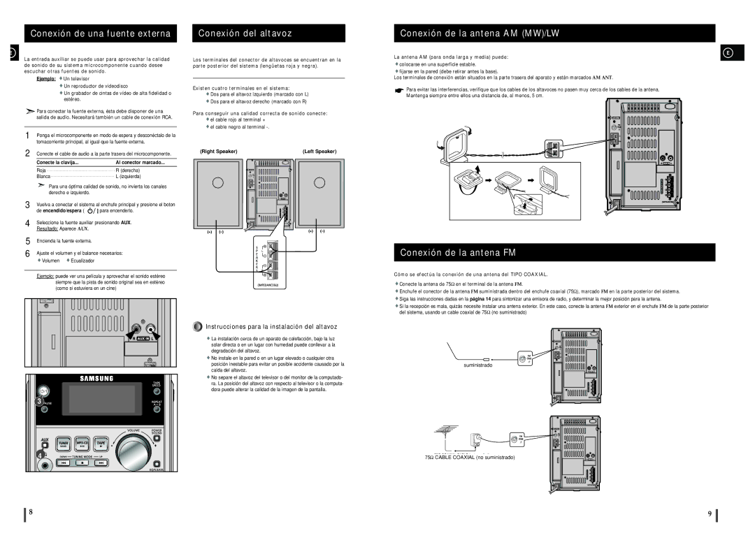 Samsung MM-ZJ5R/ELS manual Conexión de una fuente externa, Conexión del altavoz, Conexión de la antena AM MW/LW 